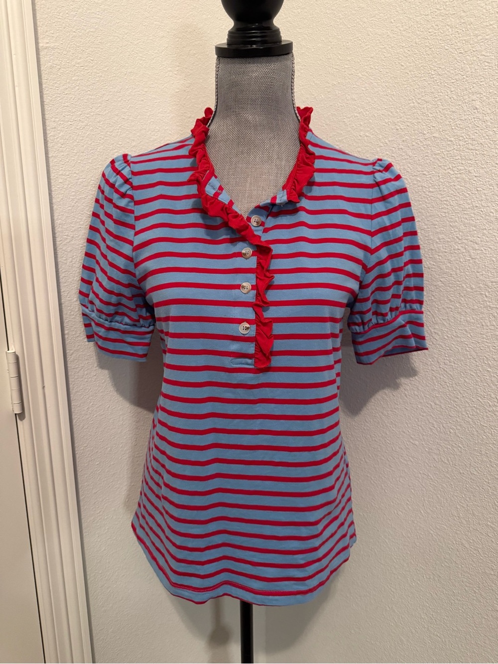 Striped Ruffle Henley Tee - Blue & Red